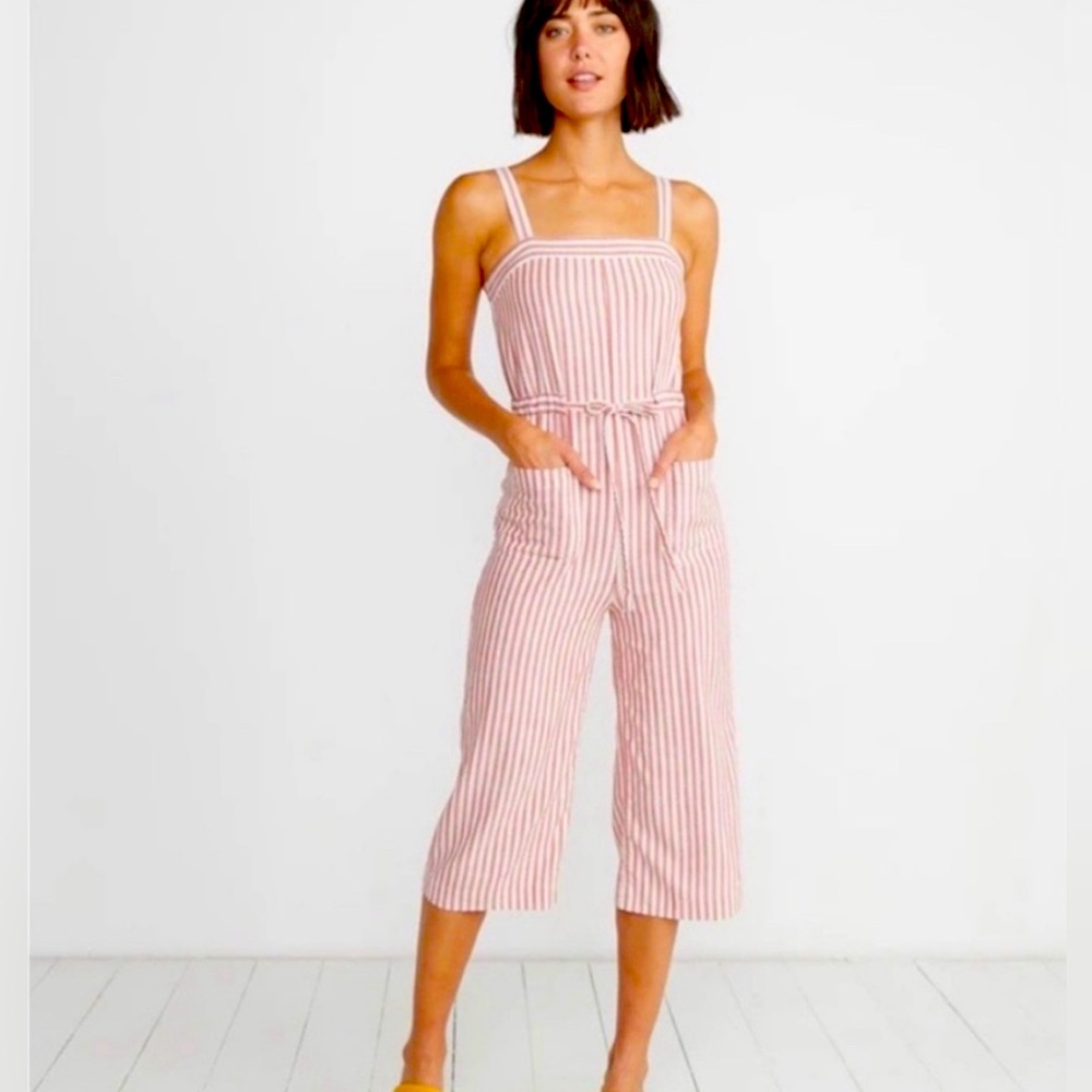 Marine Layer Light Red and White Vertical Stripe Sleeveless Cropped Jumpsuit